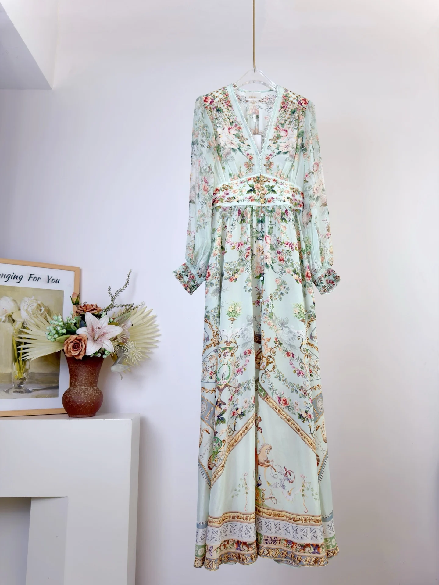 Spring Fashion Vintage Floral Print Elegant Silk Floor-Length Dress Women's V-Neck Diamond High Waist Slim Big Swing Dresses