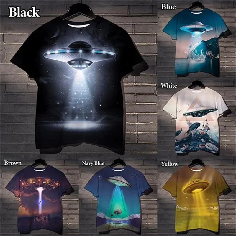 2024 Cosmic Fantasy Flying Saucer 3D Printing Men's And Women's T Shirt Cool Fun Alien Fun Casual Spaceship Kid Funny T-shirt