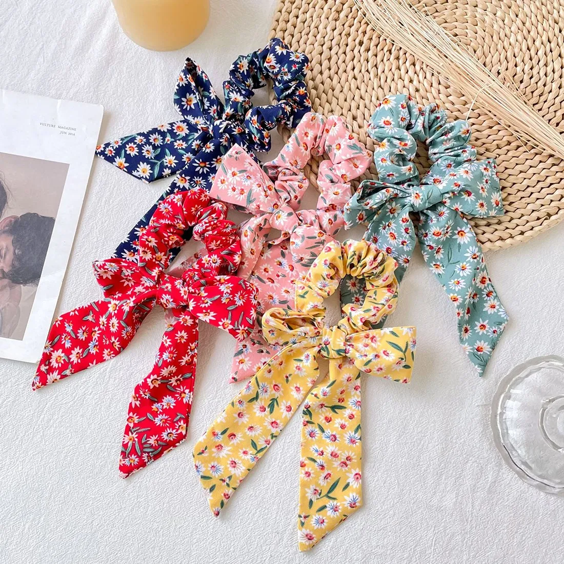 Fashion Women Girls Bowknot Haddress Elastic Print ​Big Bow Ponytail Holder Tie Casual Headdress Sweet Hair Band Accessories