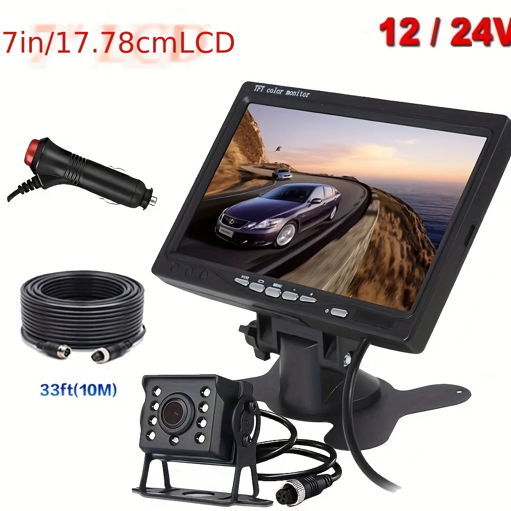 hd-tftカラーモニター、7インチヘビーデューティーccdリアビュー（8個のled搭載）、12-24v、簡単設置プラグアンドプレイ、トラックトレーラー駐車用