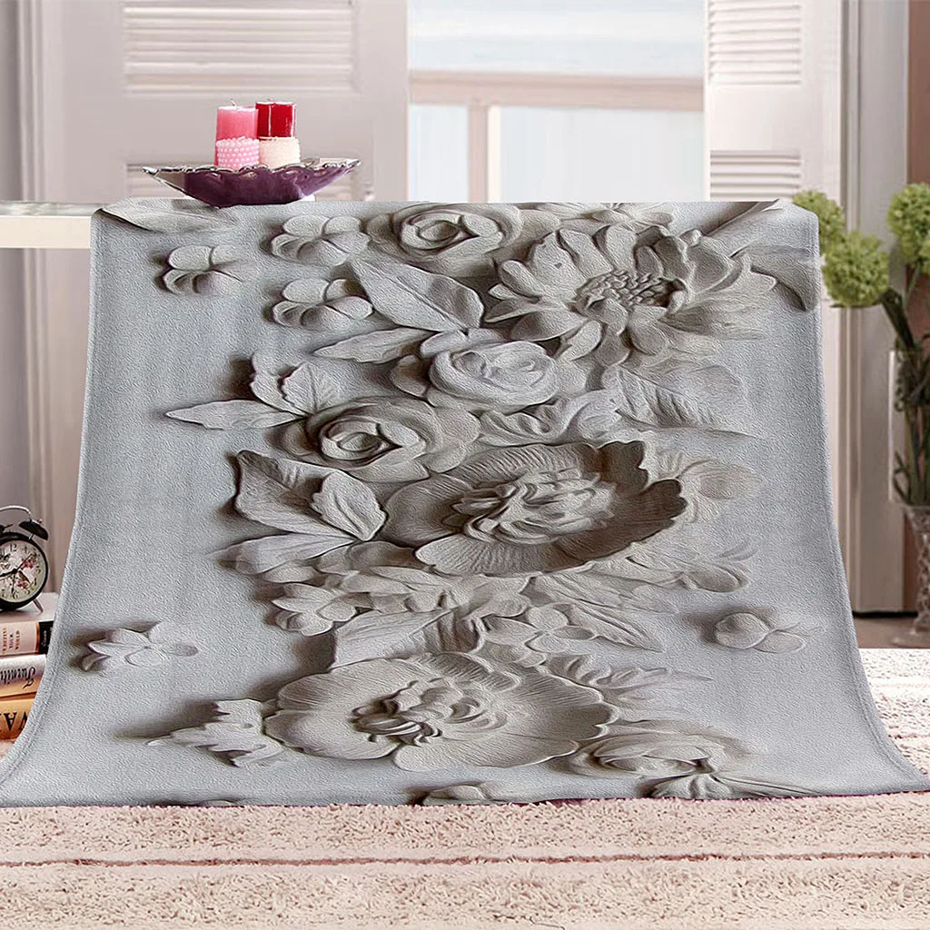 HUANZHUANG Throw Blanket 3D White Flower Sculpture Plush Couch Sofa Throw, Cozy Winter Single Bed Blankets For Kids Printed Pat