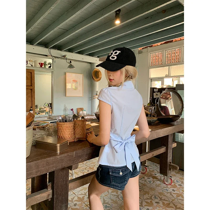 قمصان هاراجوكو صيفية جديدة للسيدات بلوزات كورية عصرية بأشرطة على شكل فيونكة وأكمام قصيرة غير رسمية قطع علوية Y2k ضيقة