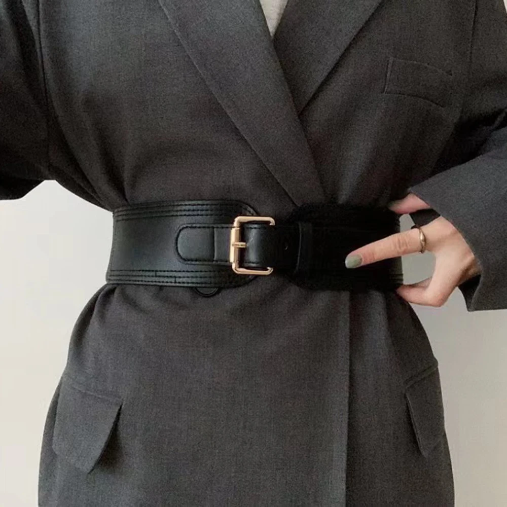 Elastic women's waist seal square pin buckle fashion belt Stretch wide belt with suit jacket