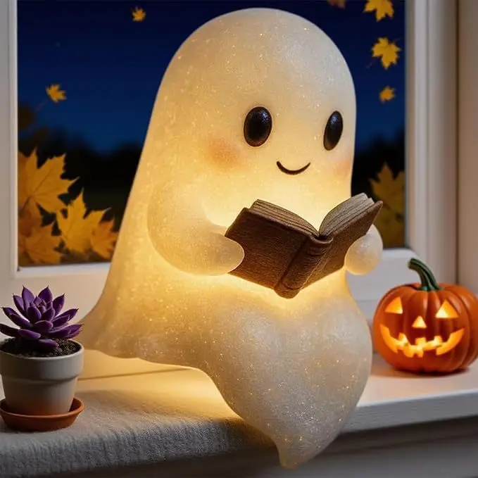 Cute Ghost Reading Book Resin Night Light Warm LED Ambient Lamp Halloween Home Desktop Ornament Festival Decor Gift