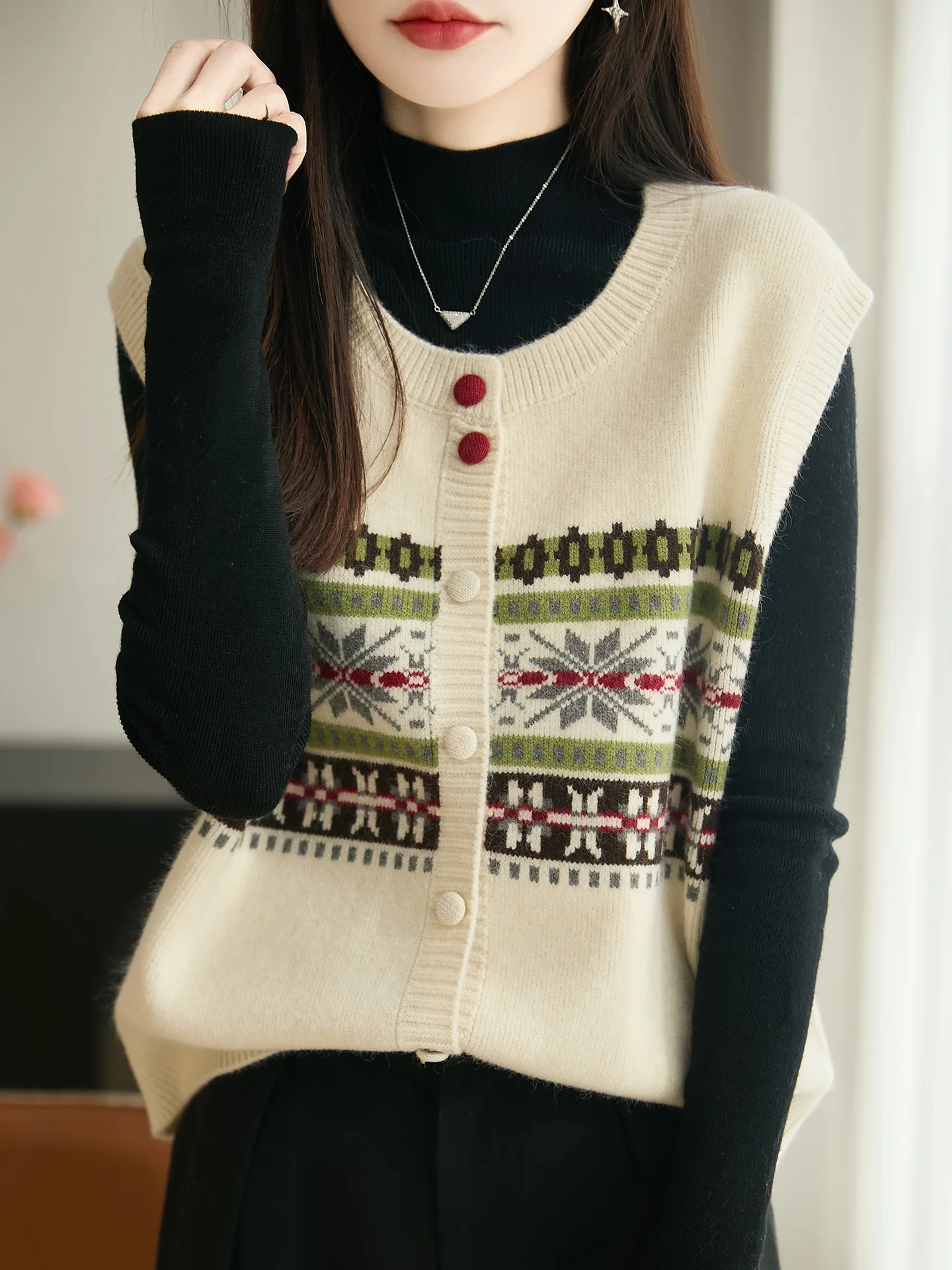

Вязаный жилет больших размеров для женщин, верхняя одежда на весну-осень, премиум-класс, дизайн Fair Isle, теплый, с геометрическим узором