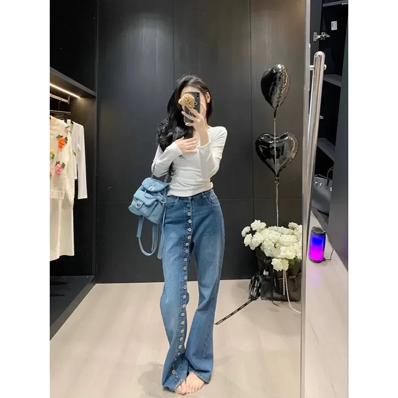 Jean Vintage à boutons multiples pour femmes, pantalon en Denim, taille haute, jambes larges, Y2K, rétro américain, Streetwear