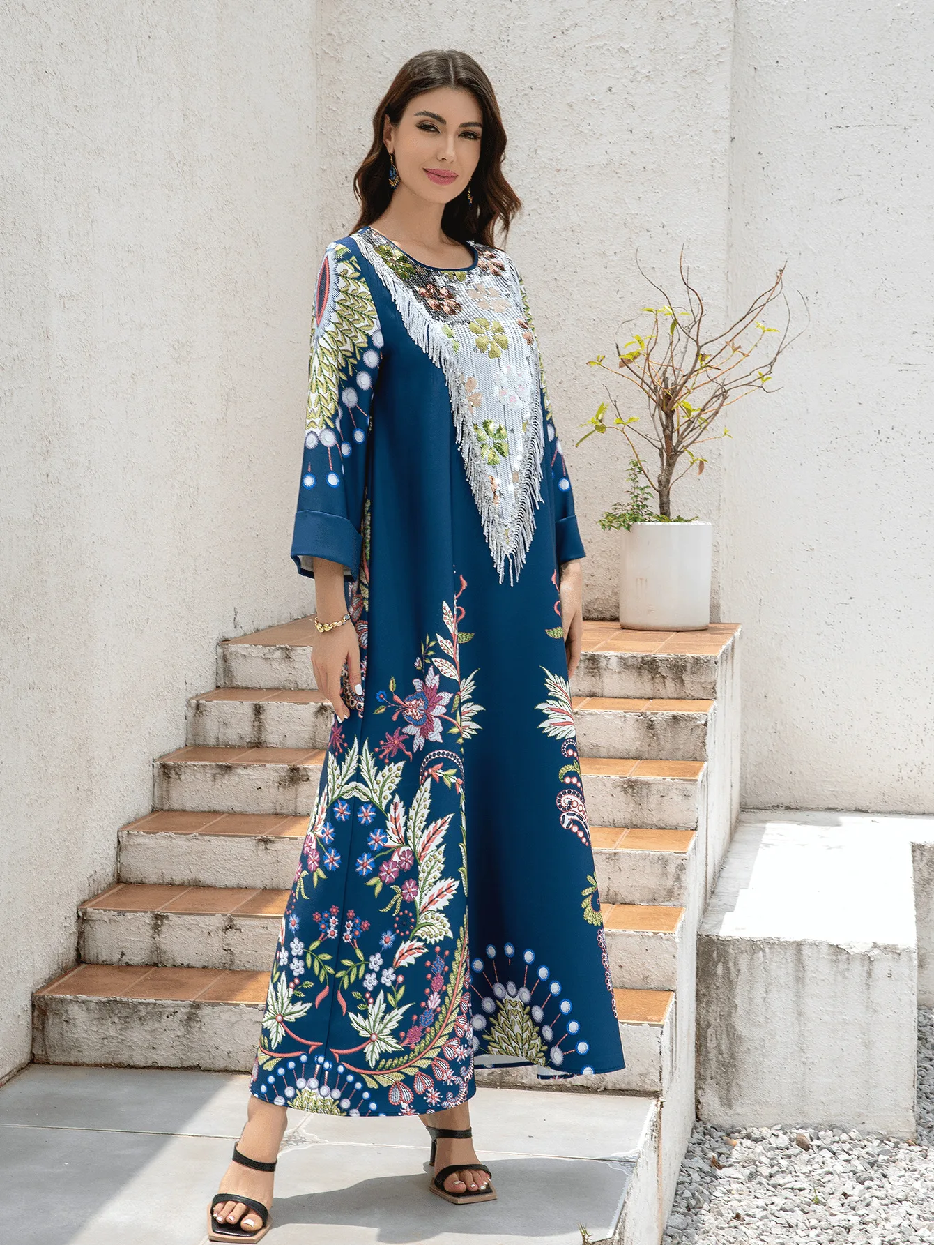 2025 Middle Eastern Muslim ladies' abaya It is a new-style dress from Dubai and Turkey featuring chest appliques and tassels