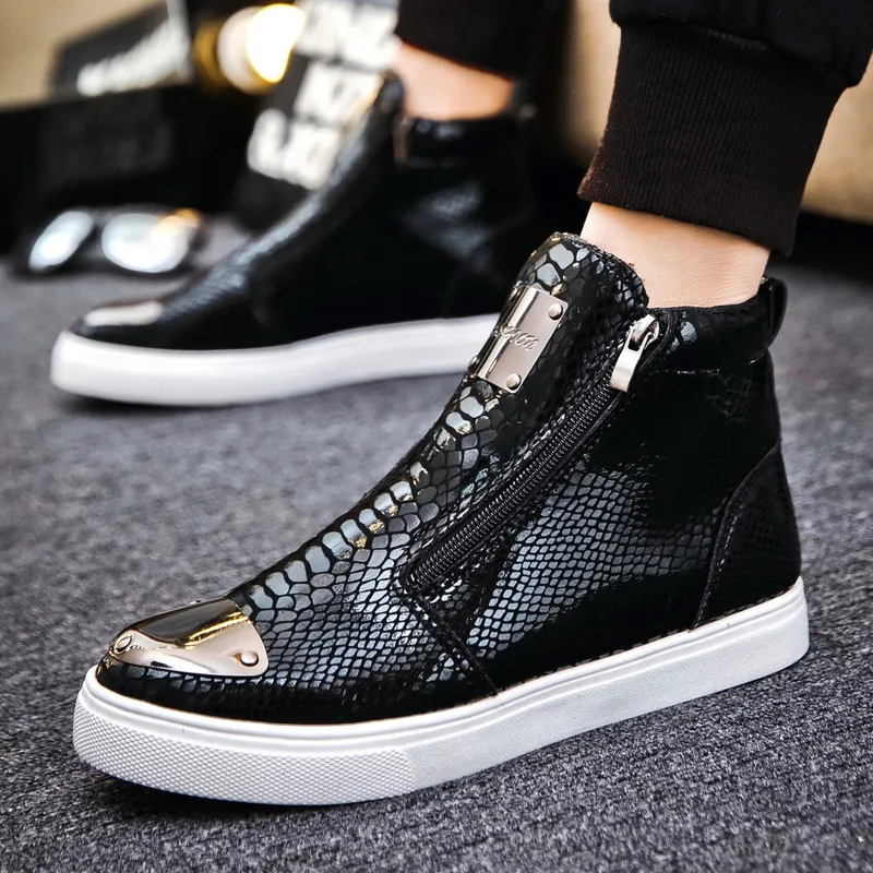 Classic Black Male Sneakers Crocodile Leather Men\'s High Top Sneakers Trendy Zip Mens Vulcanized Sneakers Zapatillas De Hombre