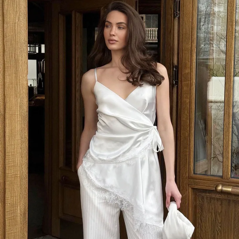 

Tuularose белые кружевные майки женская мода асимметричный кружевной лоскутный топ с рюшами на бретельках элегантный новый вечерние летние женские майки