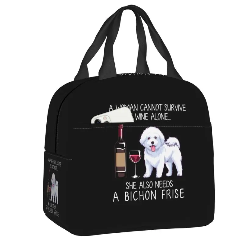 Bichon Frise And Wine Funny Dog Portable Lunch Box Waterproof Pet Puppy Thermal Cooler Food Insulated Lunch Bag Office Work