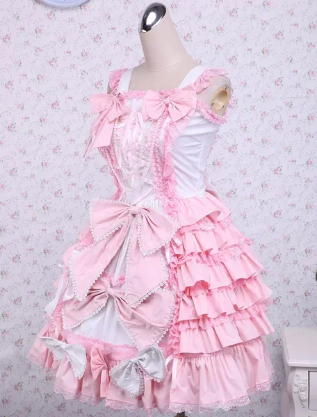 Sweet Pink Cotton Loltia Jumper Dress Bows Layers Ruffles Kawaii Dress  Plus Size Lolita  Pink Lolita Dress