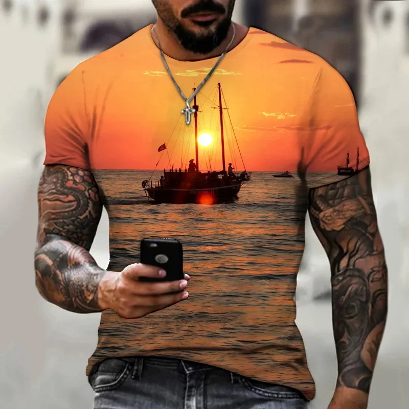 Fashionable and Lnteresting  Sailing  Pictures For Men's T-Shirts Trend Digital Printing Casual Round Neck Short Sleeved