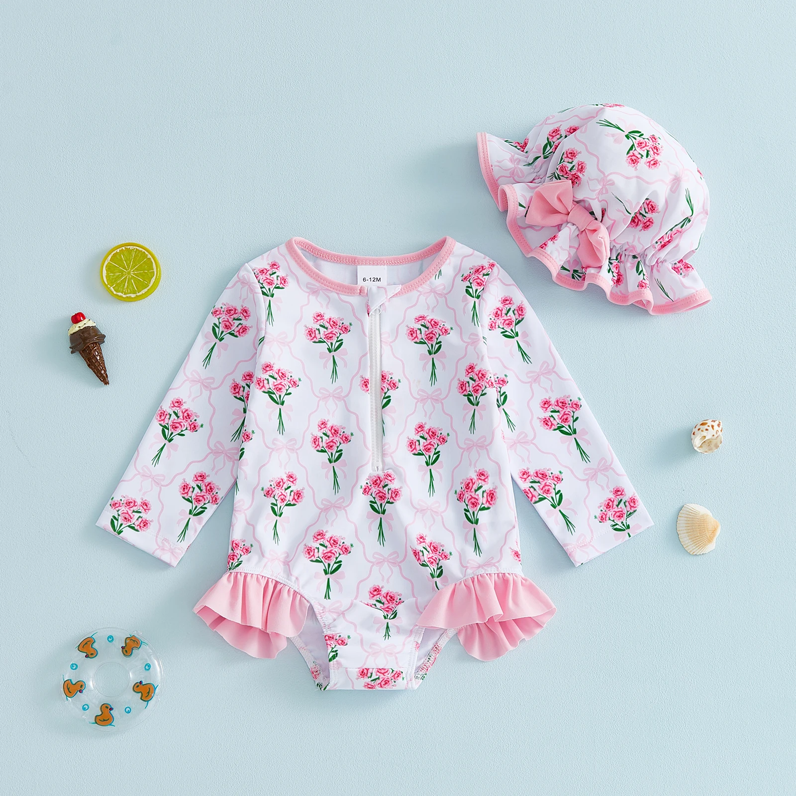 VISgogo Baby Girl Rash Guard Swimsuit Long Sleeve Strawberry Print Bathing Suit Infant Swimwear with Sun Hat