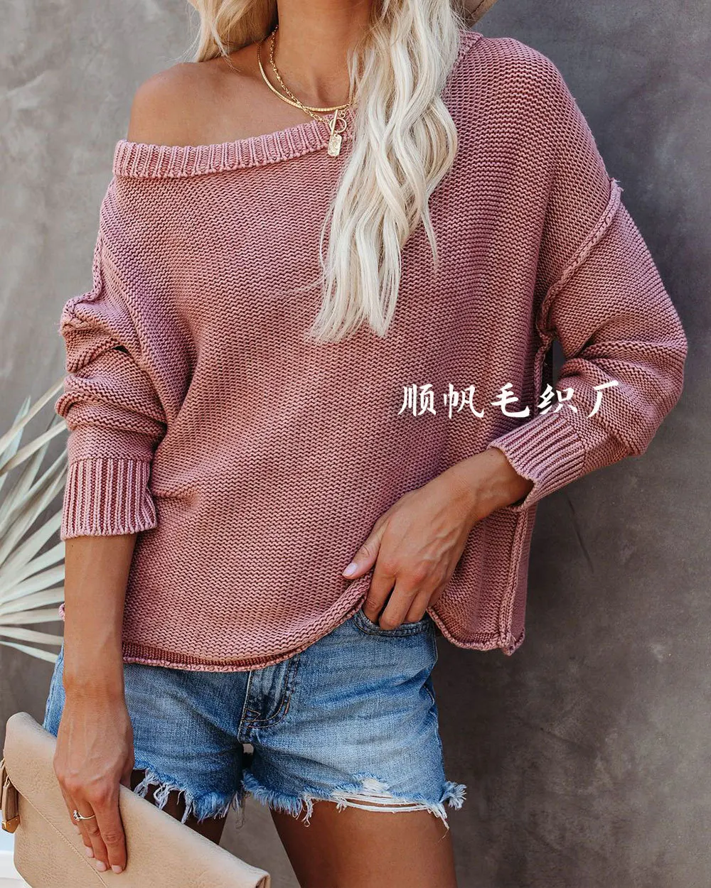 2022 outono e inverno nova luz de luxo moda em torno do pescoço cor sólida malha camisola moda pulôver manga longa sweaterwomen