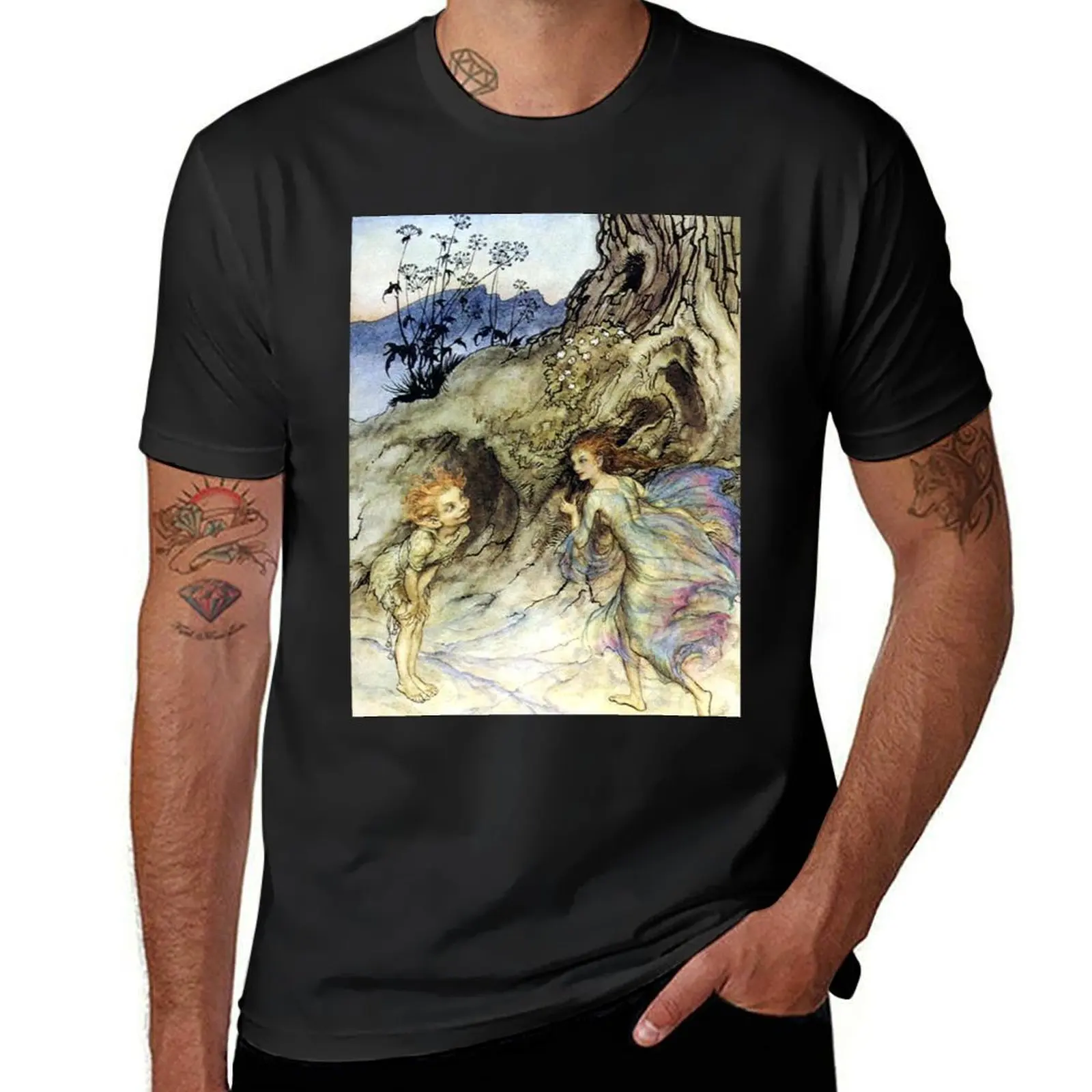 Puck and a Fairy - Midsummer Night's Dream - Arthur Rackham T-Shirt sports fans slim fit t shirts for men