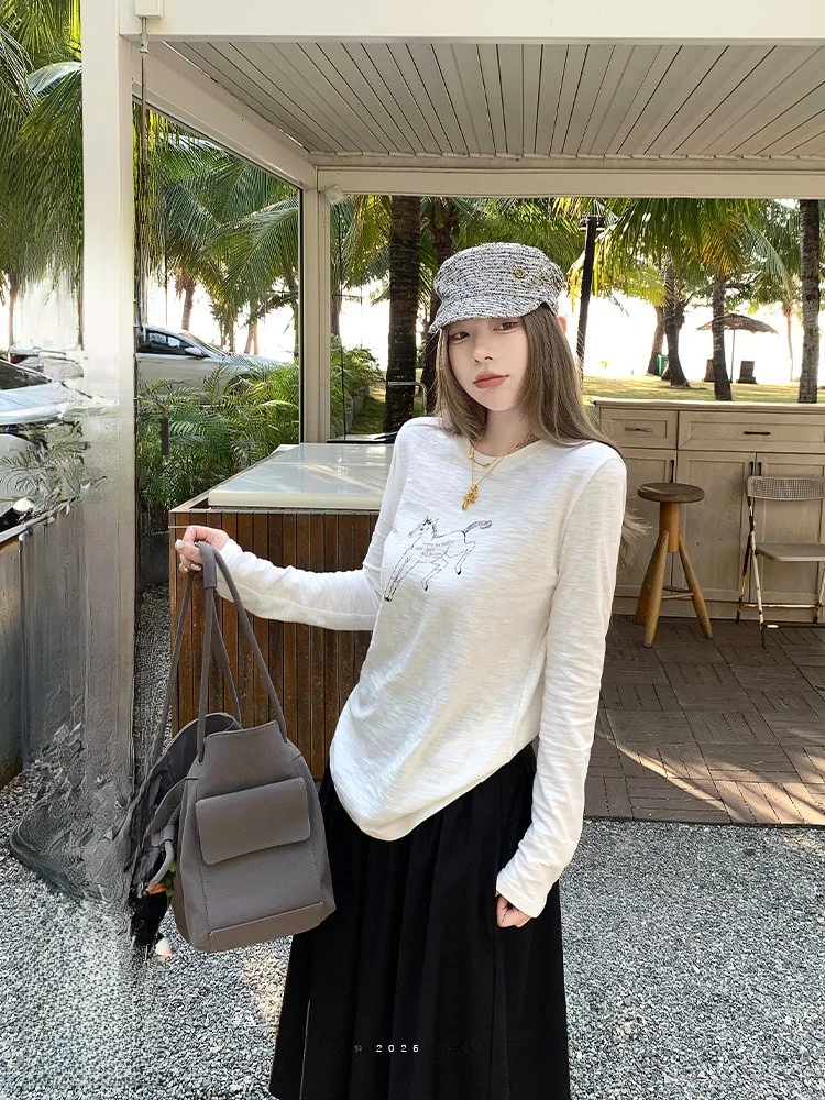 

Женская футболка из чистого хлопка с длинным рукавом, весенне-осенний дизайн, свободный вязаный топ с круглым вырезом и принтом LUU Taohuier, размеры на все плечи