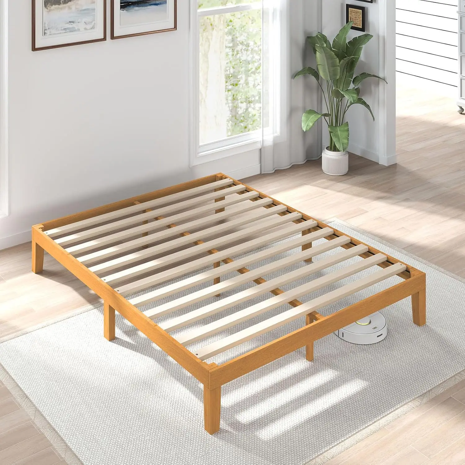 

Solid wood bed frame with plank support, noiseless design, easy to assemble, natural pine