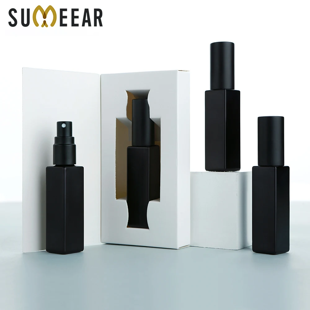 30/40 Uds. Sprayes de Perfume negro mate de vidrio grueso galvanizado cuadrado de 10ml, atomizadores de boquilla Al, resistentes a roturas, con cajas abatibles