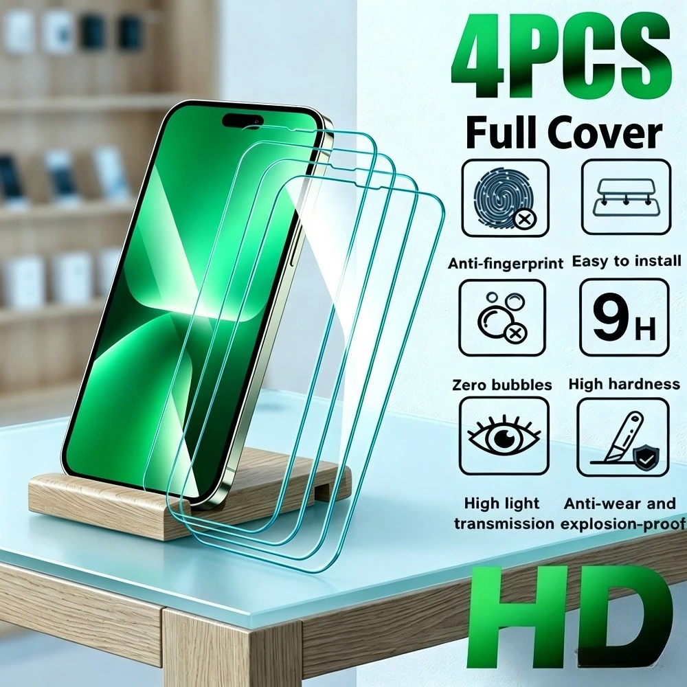 

4Pcs Ultra Clear Screen Protector for iPhone 17 16 15 14 Pro Max Air 17e 16e 15 14 Plus 13 12 11 Pro 9H Hardness Tempered Glass
