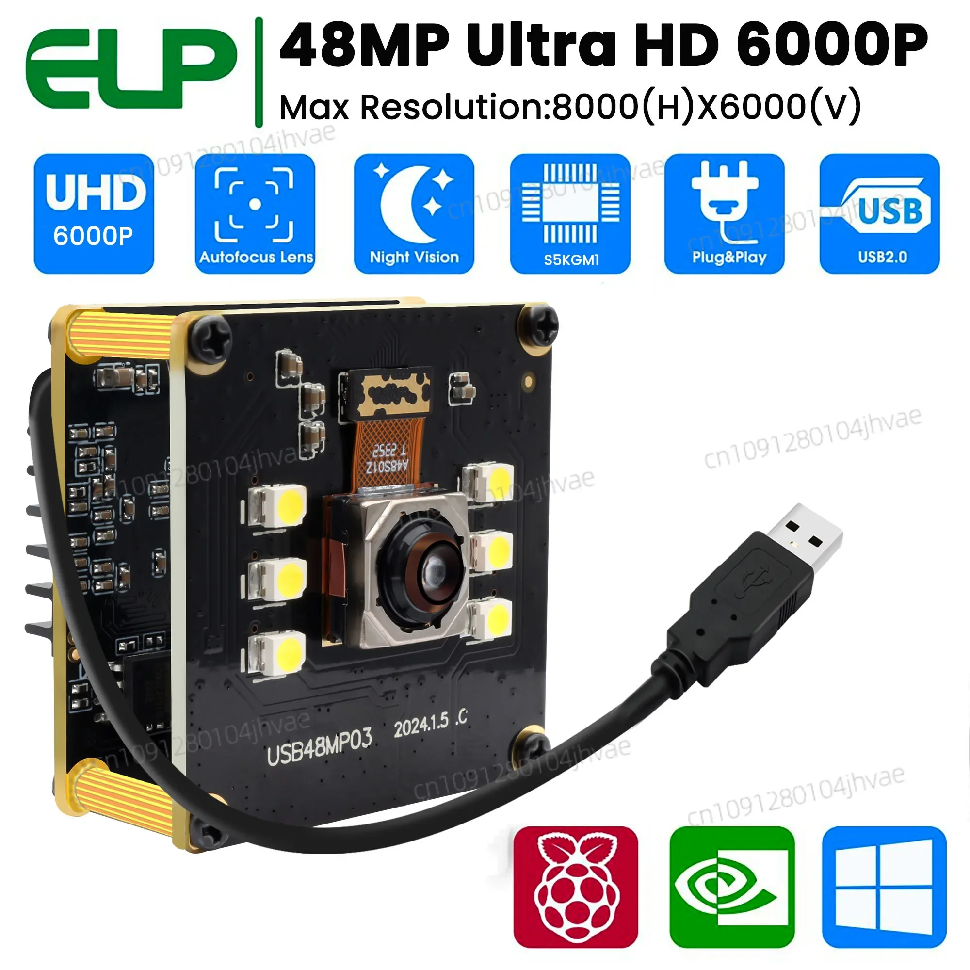 

NEW ELP 48MP Autofocus USB Camera - Ultra HD 8000x6000 Resolution, UVC Plug-and-Play, Day & Night Vision Webcam with White LEDs