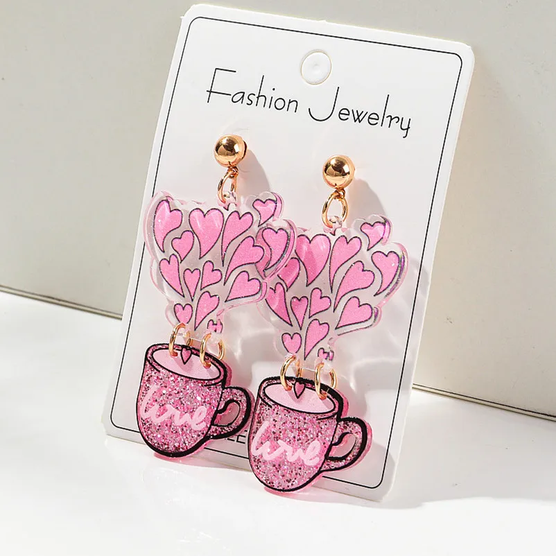 Glitter Pink Love Coffee Cup Acrylic Earrings for Women Sweet Heart Strawberry Drop Earrings Jewelry Valentine's Day Gift