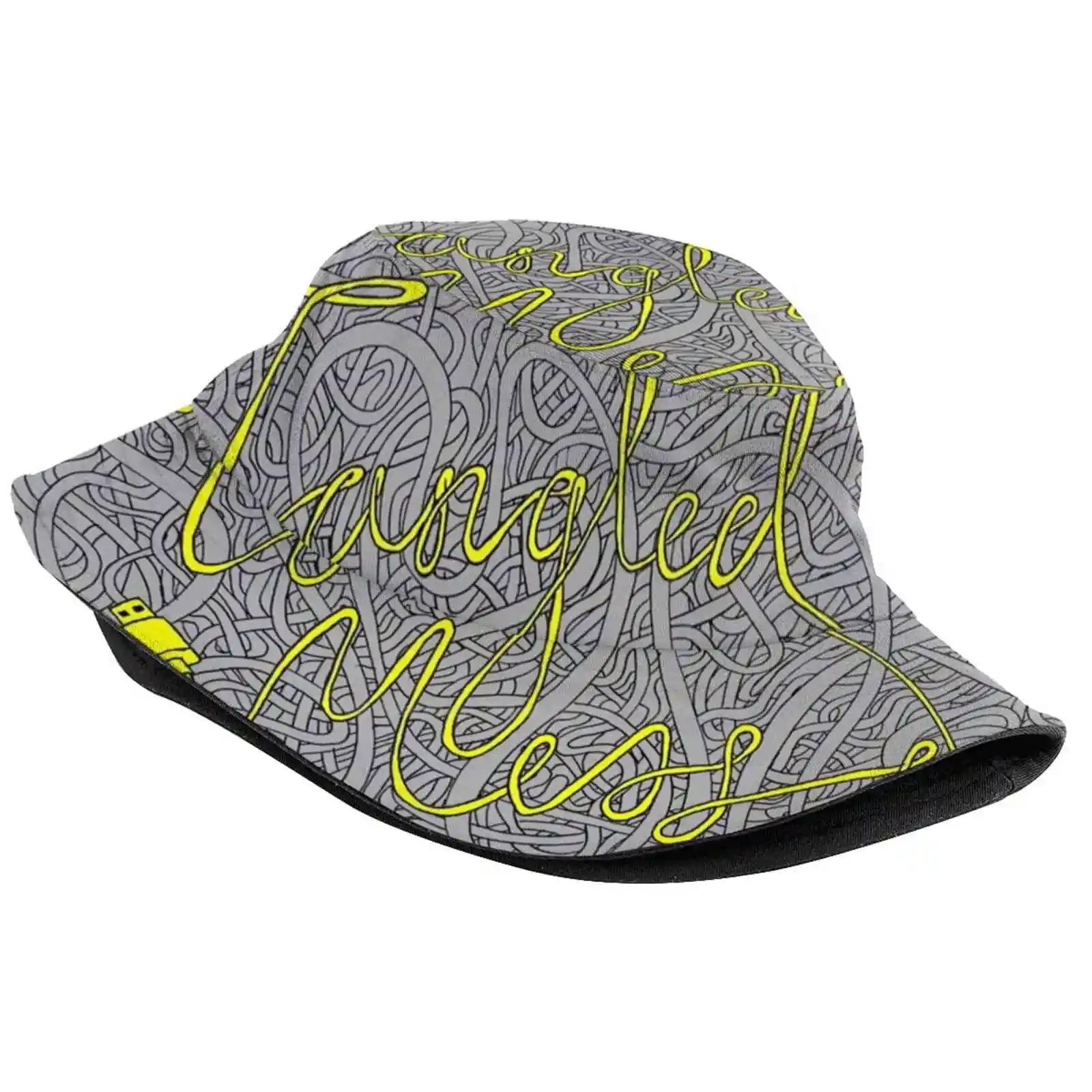 Tangled Mess Print Bucket Hats Sun Cap Tangled Mess Electronic Typography Typographic Design Text Cool Wire Cable Charger