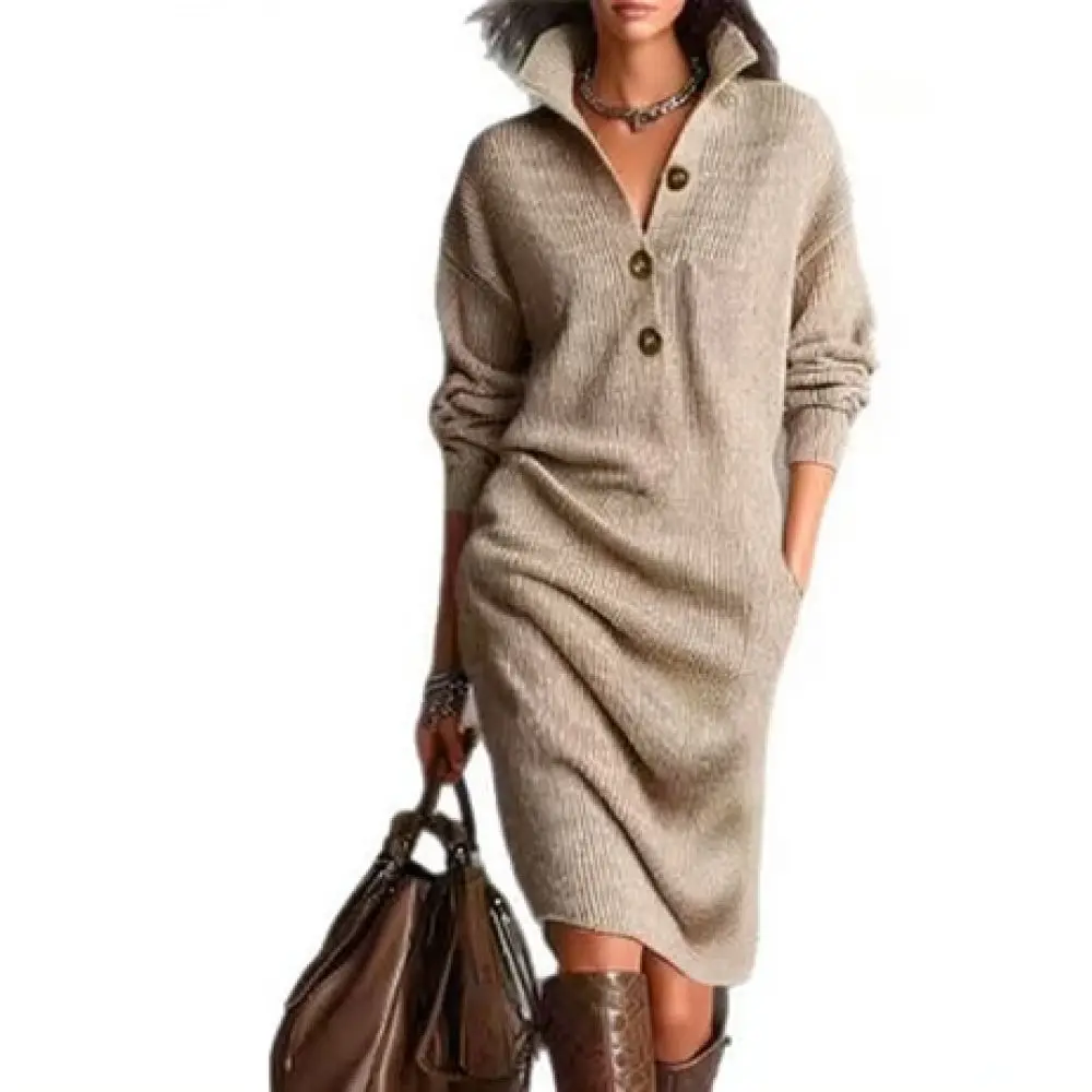 Women Fall Knit Sweater Dress Long Sleeve Polo Collar Button Up Loose Straight Casual Midi Dress Vintage Autumn Streetwear