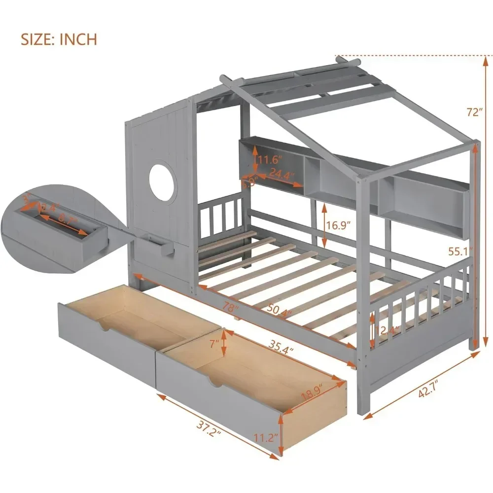 Children Beds, Twin House Bed with Storage Drawers & Bookcase, Solid Wood Playhouse Bed for Kids Teens Girls Boys, Children Beds