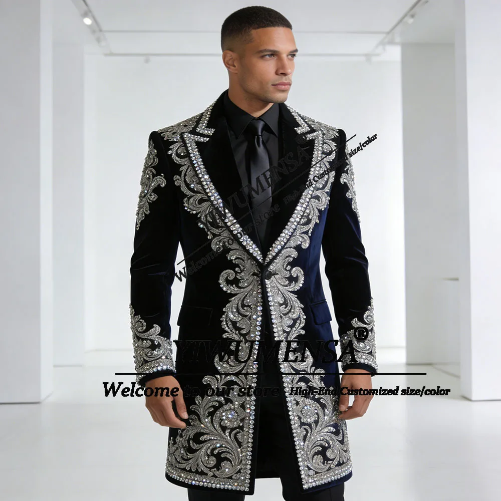 

Luxury Beaded Stones Ornament Suits Men 2 Piece Set Single Breasted Groom Tuxedos Outfits Customized Velvet Prom Blazers Long