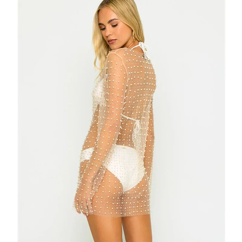 진주 탑 여성 메쉬 탑 2025 봄 레이디 긴 소매 투명 섹시한 커버 Clubwear 패션 섹시한 쉬어 티셔츠 메쉬 탑