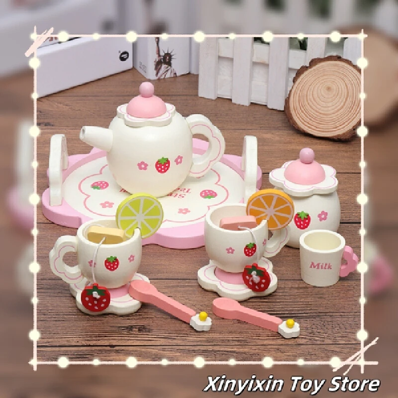 Simulated Tea Set Set White Strawberry Girl Wooden Playing House Puzzle Mini Kitchen Toys Kids Christmas And New Year Gifts