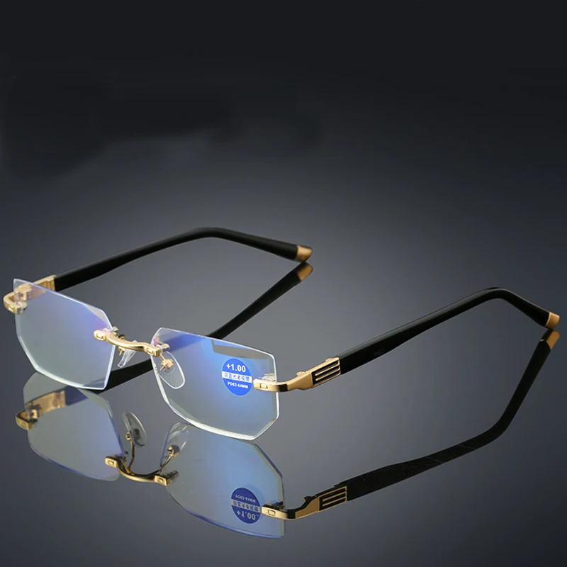 

Men Blue Light Blocking Reading Glasses Women Dimond Cutting Rimless Eyeglasses Frame Anti Fatigue Hyperopia Presbyopic Eyewear