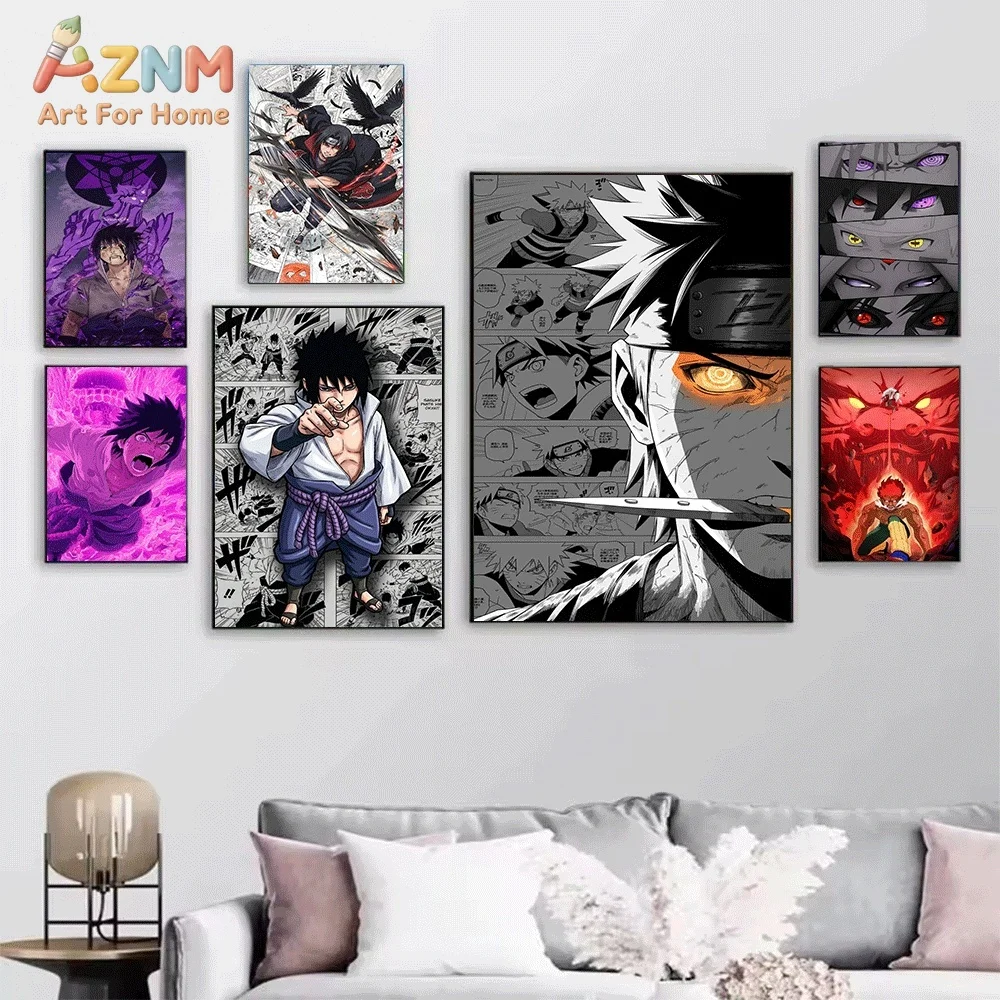AZNM Uchiha Madara Red Armor Comic Debris Canvas Wall Print, Naruto Anime Manga Purple Energy Surround Character Graphic Art P
