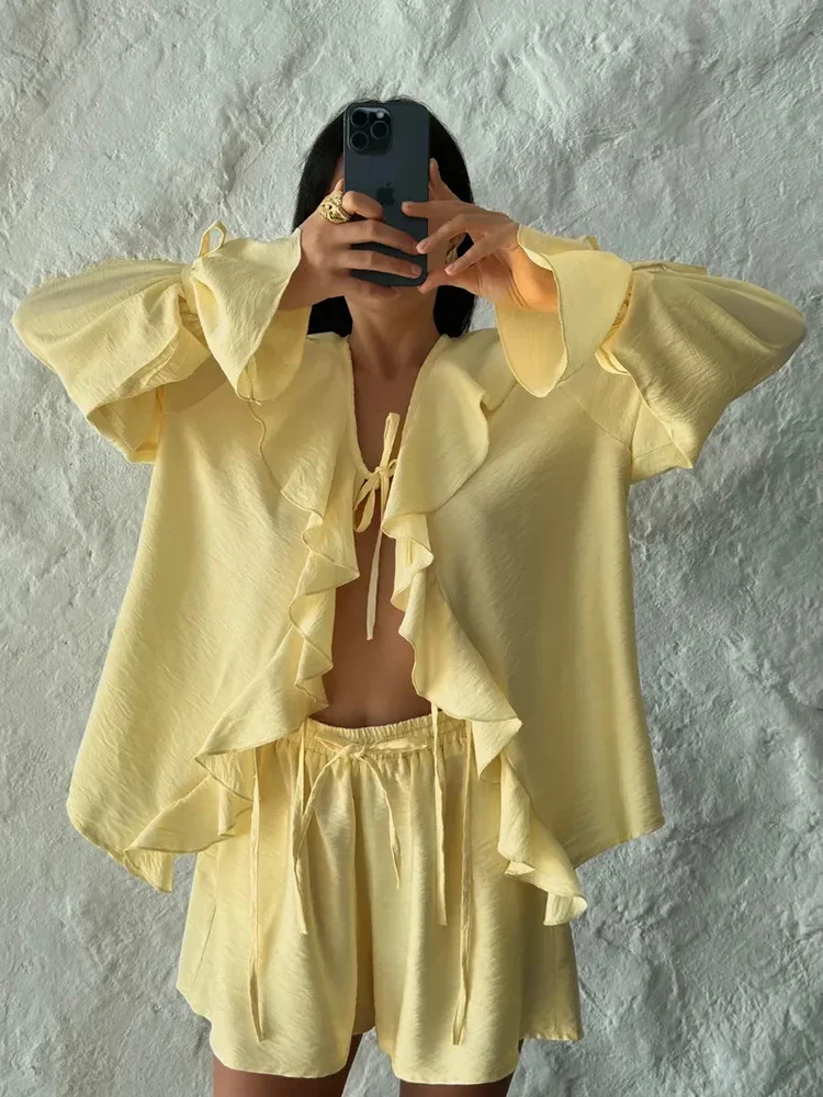 

Tuularose New Casual Shorts Two-piece Set Women's Ruffled Loose Tie Top Simple Shorts Set Office Lady Summer Female Shorts Set