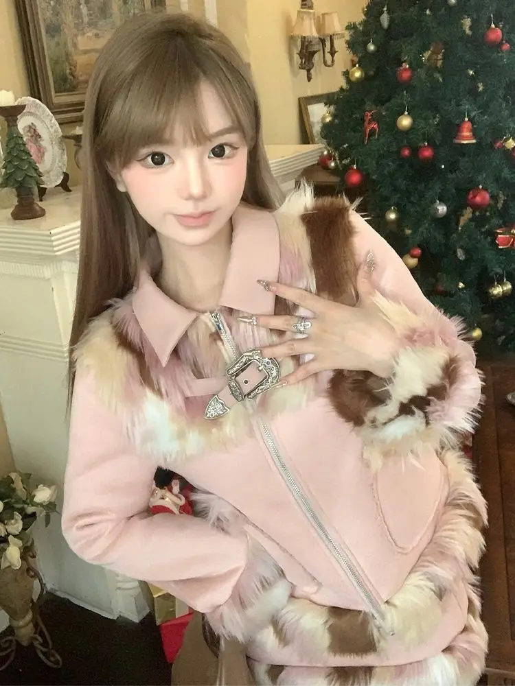 NONSAR 2024 Autumn Winter Korean Style Vintage Skirt Sets Women Pink Lambskin Short Jacket Fur Spliching Coat + Fur Mini Skirt