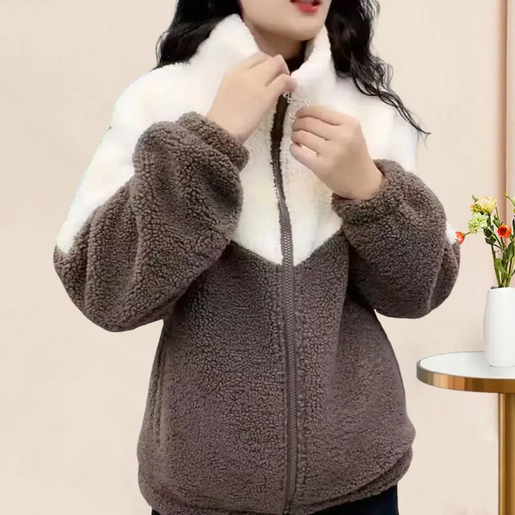 Plus Velvet Women's Fuzzy Fleece Jacket Zip Up Stand Collar Sherpa Coat Fall Winter Color Block Warm Outerwear with Pockets