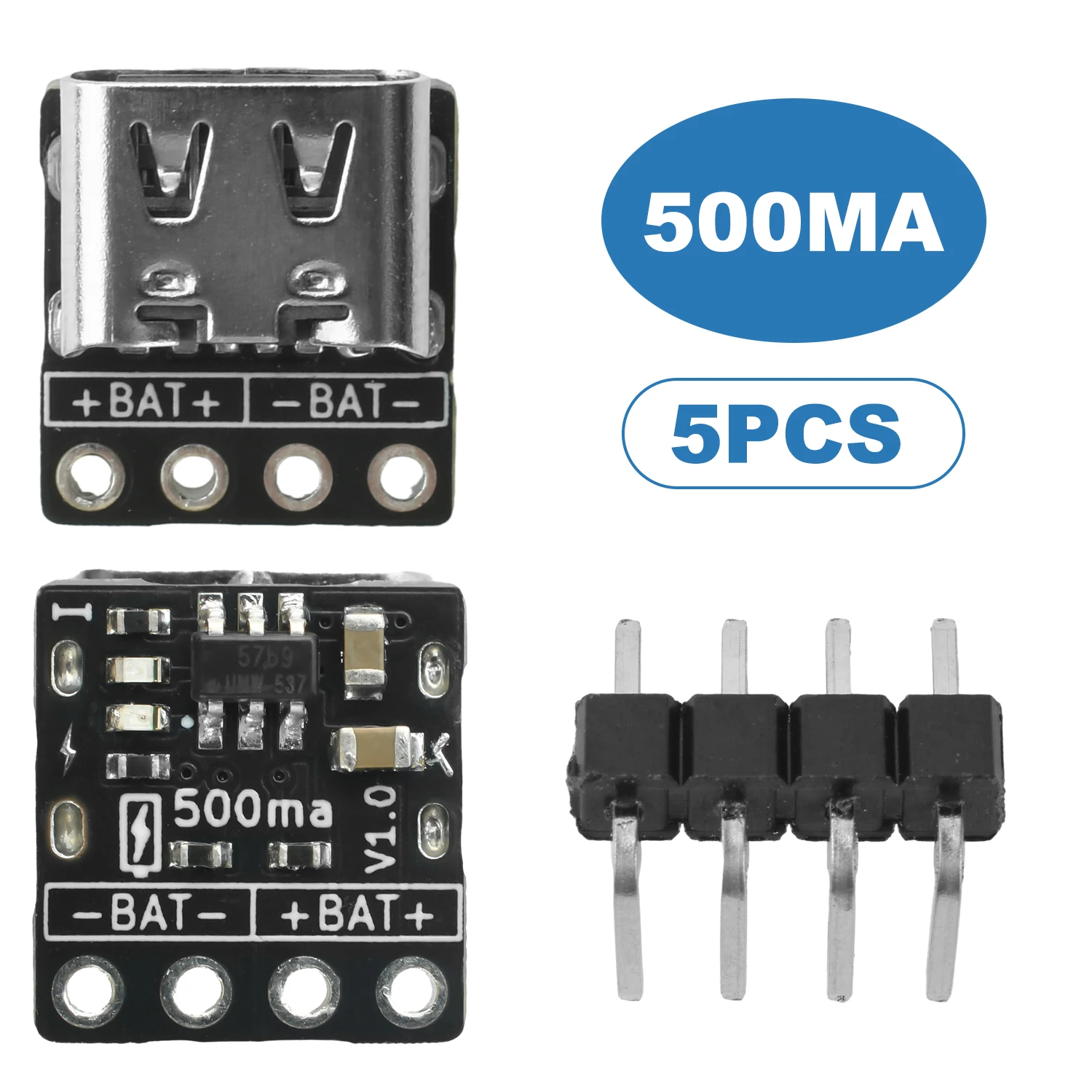 DC 5V 1S Li-ion LiFePO4 Charger Module Type-C Interface Dual Current 500/800mA Charging Indicator Welding Pad for DIY Electronic