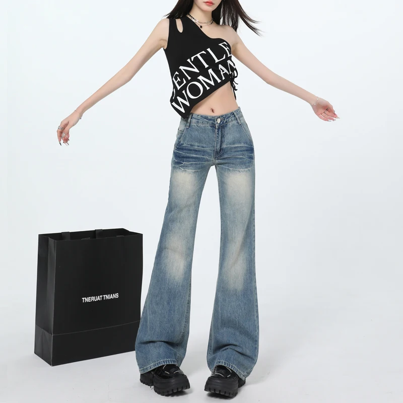 

Уличные ретро гранж 2000-х годов джинсы с высокой талией винтажные эклектические брюки полной длины женские Y2K повседневные трешные джинсовые брюки в стиле эмо