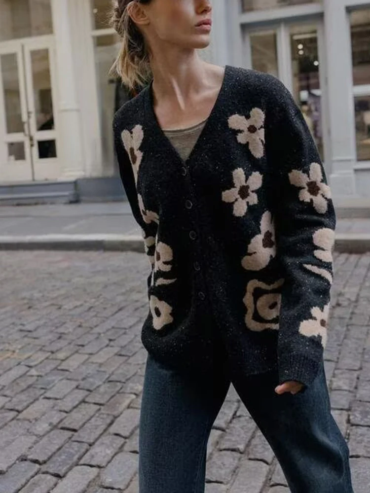 Cardigan ample en tricot Jacquard à manches longues et col en v pour femme, Style européen et américain, nouvelle collection hiver 2025