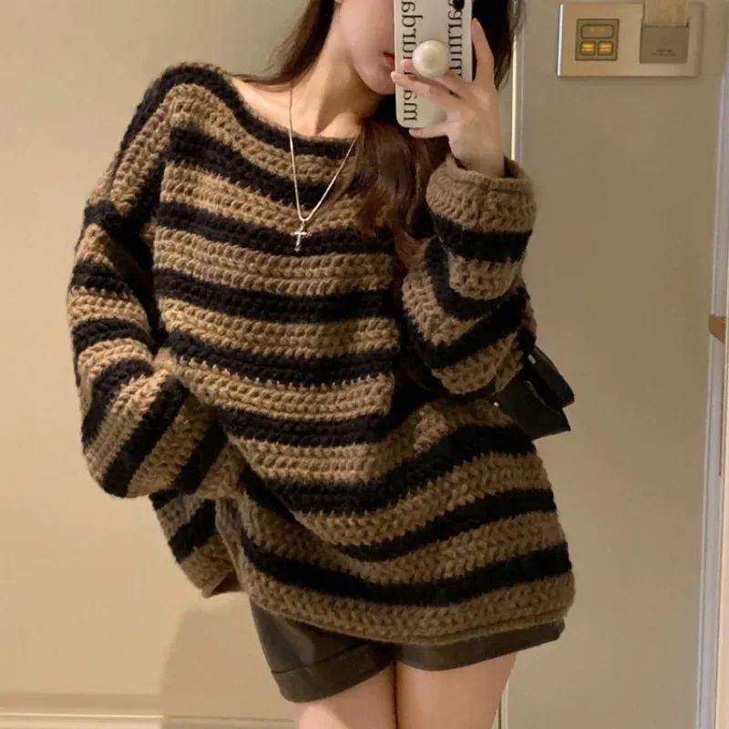 Striped Pullovers Women Loose O-neck Pullover Long Sleeve Knitted Sweaters Vintage Temperament Design Cozy Casual Fashion New