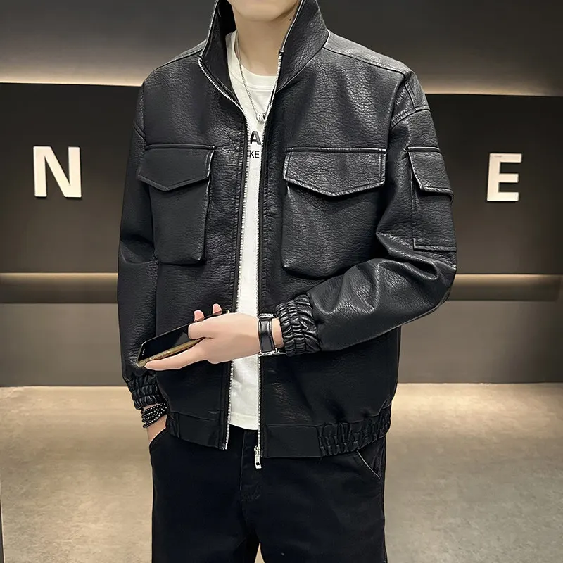 

Premium PU Leather Biker Jacket Men's Spring Autumn Fashionable Versatile Long Sleeve Collar Coat Windproof Workwear Jacket