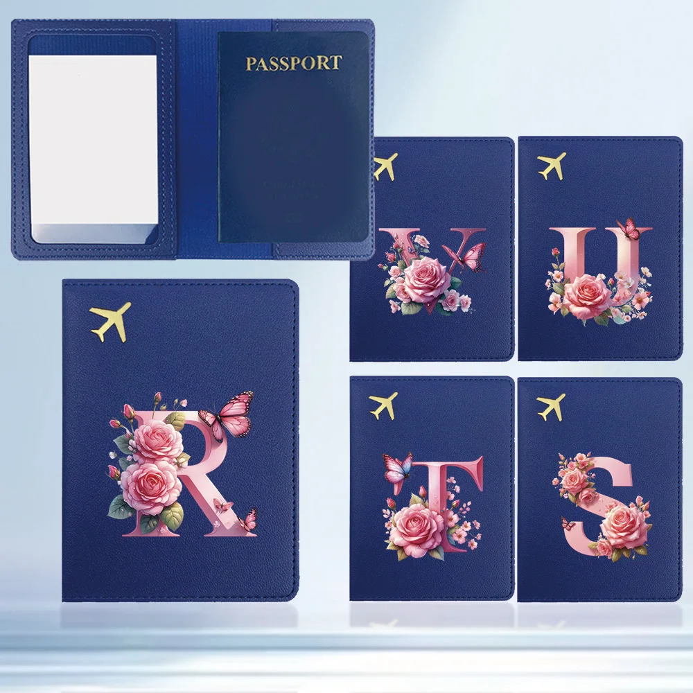 

Portable Premium PU Passport Set Durable Folding Passport Holder Pink Butterfly Initial Name 26 Letters Pattern