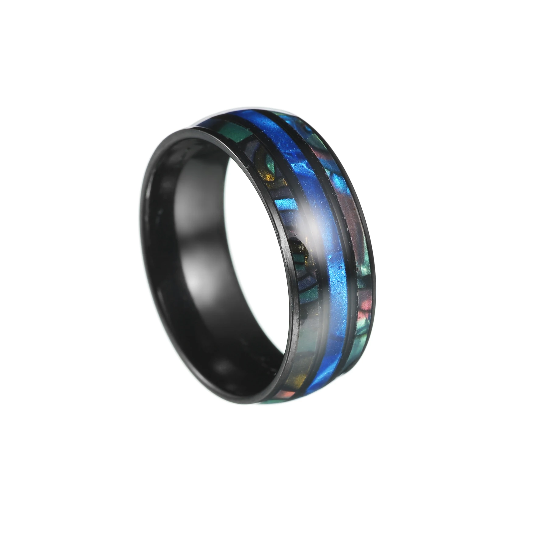 Fashion 8mm Black Color Tungsten Wedding Men Stainless Steel Rings Inlay Abalone Shell Blue Red Opal Rings Men Wedding Jewelry