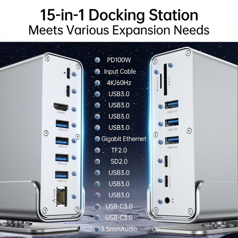 15 In 1 USB C Hubs With HDTV 4K 60Hz PD100W Fast Charging And Gigabit Ethernet 896C