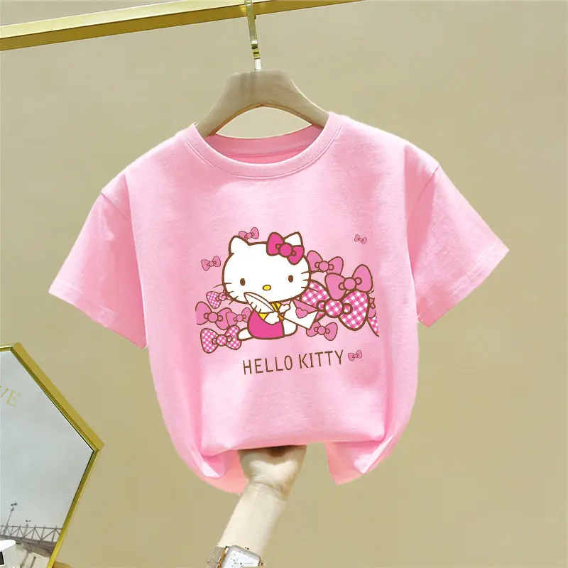 

Детская футболка с милым и забавным принтом Hello Kitty, одежда для родителей и детей, новая летняя хлопковая одежда для мальчиков и девочек с короткими рукавами