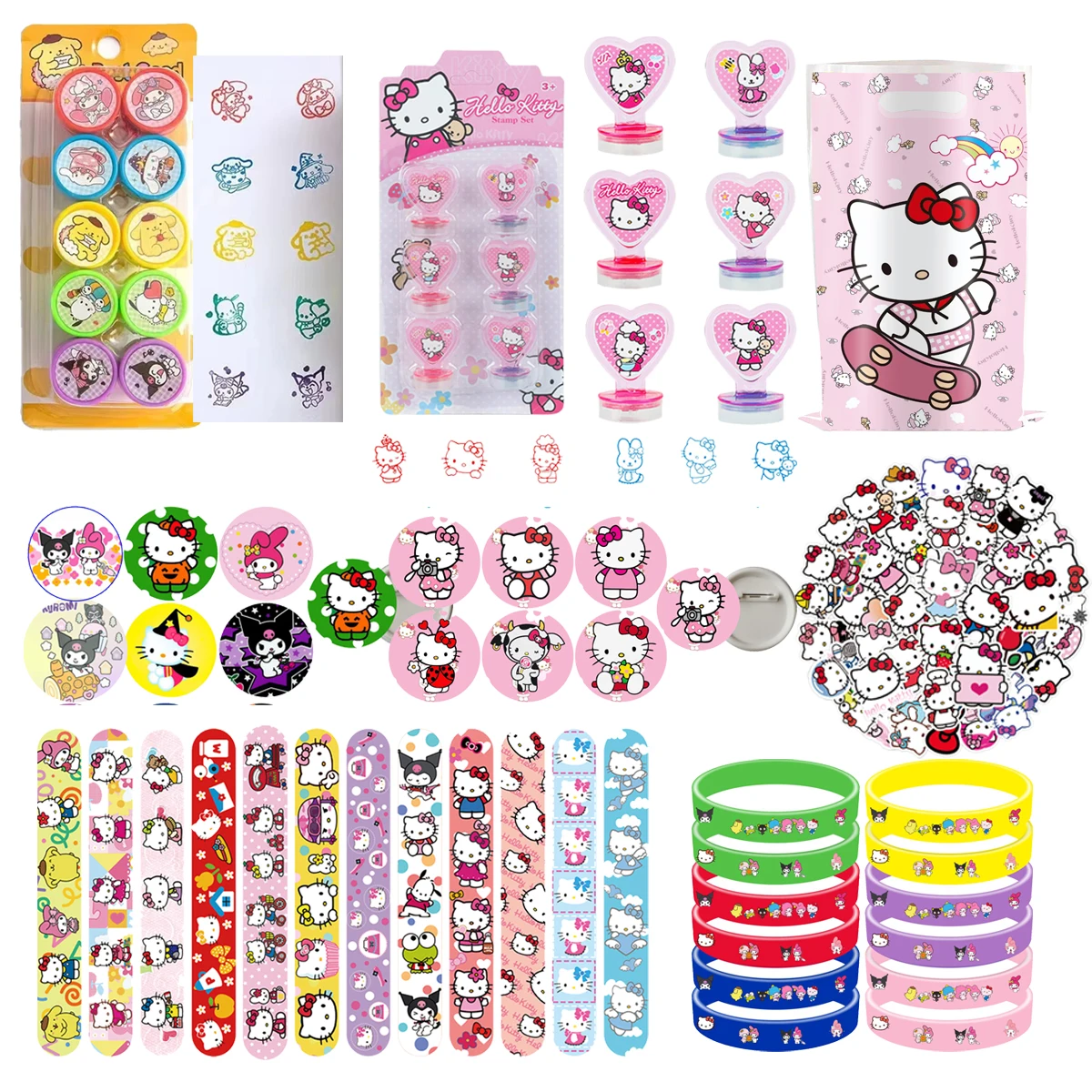 

Hello Kitty Birthday Party Favors Sanrio Kuromi Slap Bracelets Stamps Stickers Children's Birthday Souvenirs Decoration Supplies