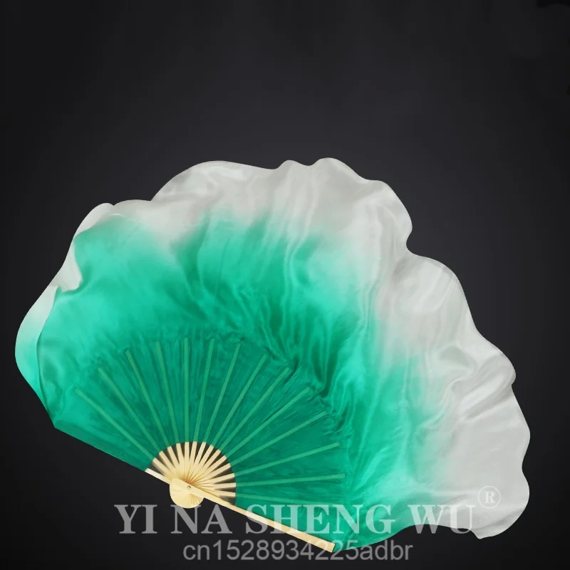 1 par de dos capas de velo doble 100% abanico plegable de bambú de seda Real accesorios de espectáculo de danza del vientre medio círculo de seda verde menta