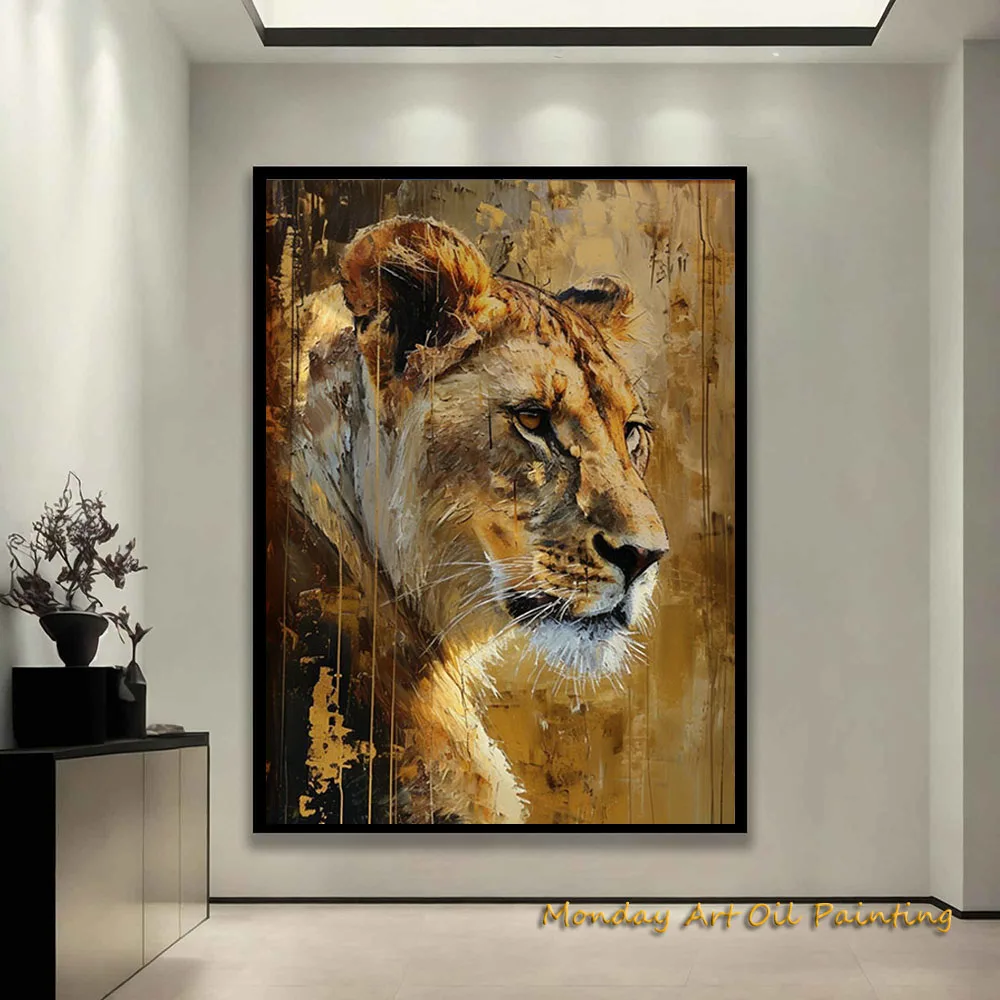 Temporal Impressionism Hand Painted Lioness Gold White Abstract Oil Painting Modern Wall Art For Home Decor Fedex Shipping Cost