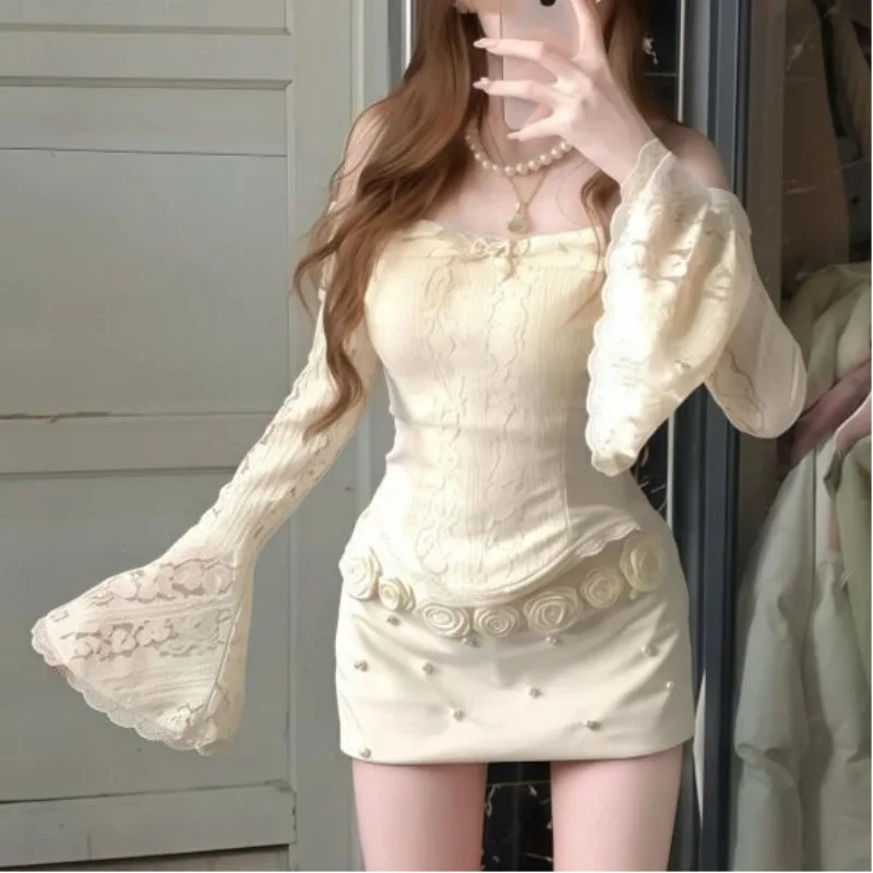 

Зимний японский модный комплект из двух предметов Y2k, элегантные французские костюмы, расклешенные топы с цветочным принтом + облегающая юбка, наряд для похудения, женский комплект