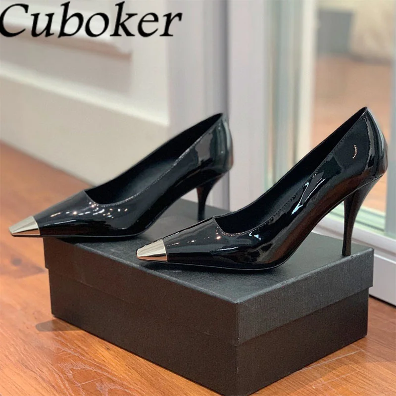 

2023 Spring Patent Leather High Heels Metal Pointy Toe Pumps Thread Ladies Slides Cover Heel Party Dress Slingback Women shoes